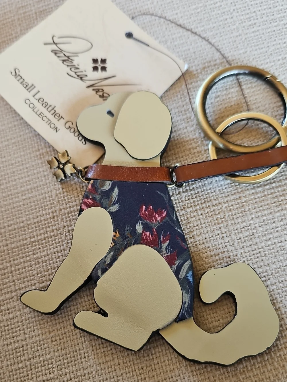 Patricia Nash Cream and Floral Leather Dog Keychain